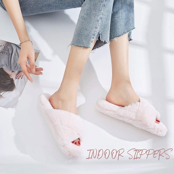 New Fuzzy Faux Fur Open Toe Crisscross House Slippers- Multiple Colors & Sizes - Picture 2 of 14